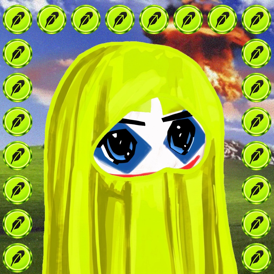 A Hood Lord with hair drawn over the face, blue eyes, a mushroom cloud behind.