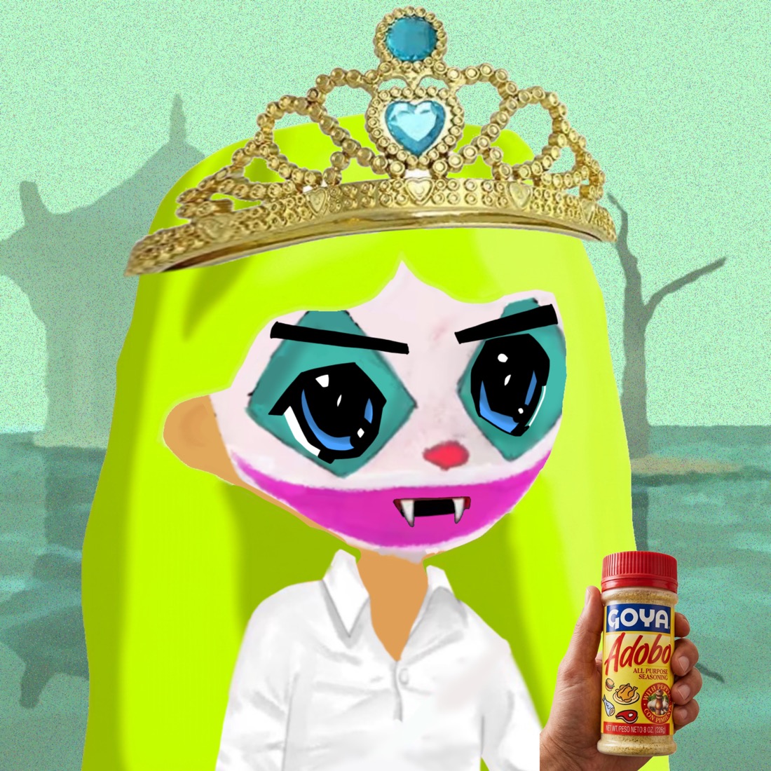 A Hood Lord in a gold tiara holding a jar of seasoning, drowned city behind.