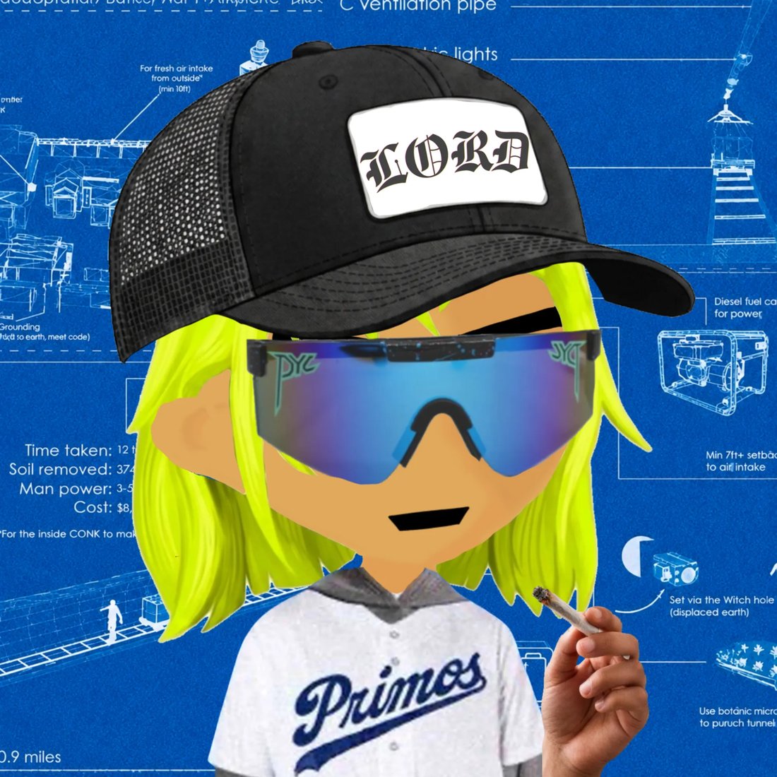 A Hood Lord in a black LORD trucker cap, blue shield sunglasses and a Primos jersey, holding a joint, a tunnel blueprint behind.