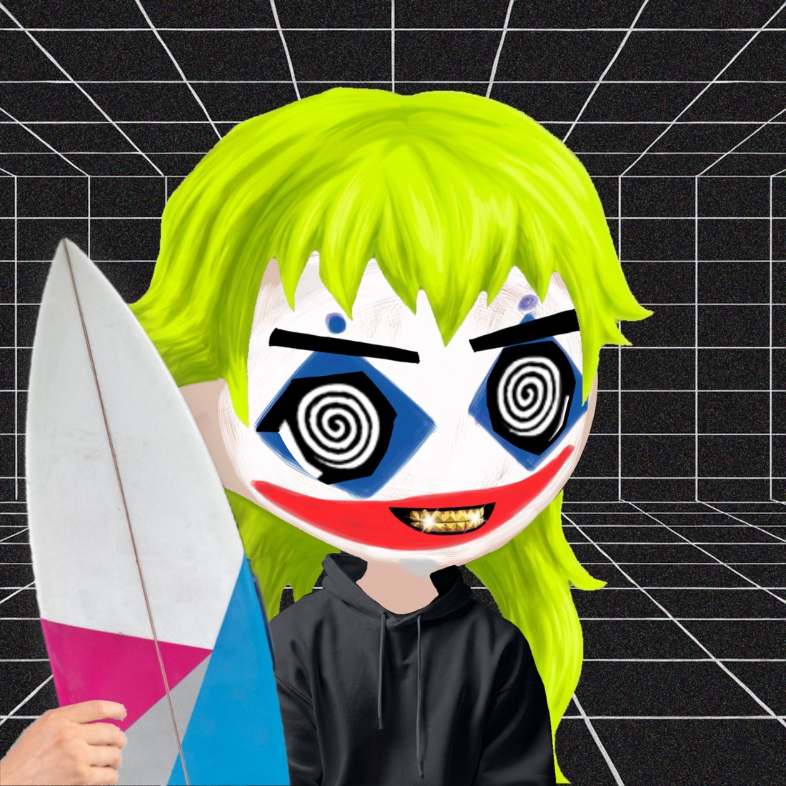 A Hood Lord with spiral eyes and a gold grill holding a surfboard, black grid behind.